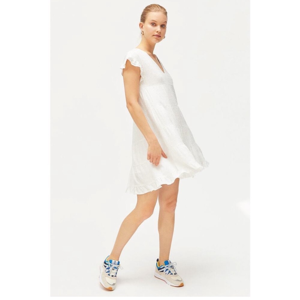 Urban Outfitters Women's White Textured Tiered Ruffle Babydoll Dress Flowy Boho